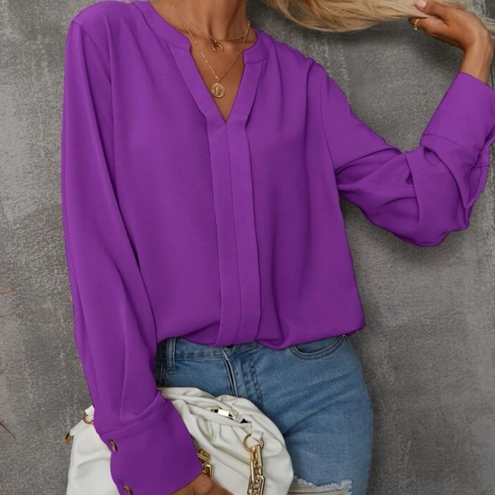 New purple notched neck long sleeve blouse - Picture 4 of 6